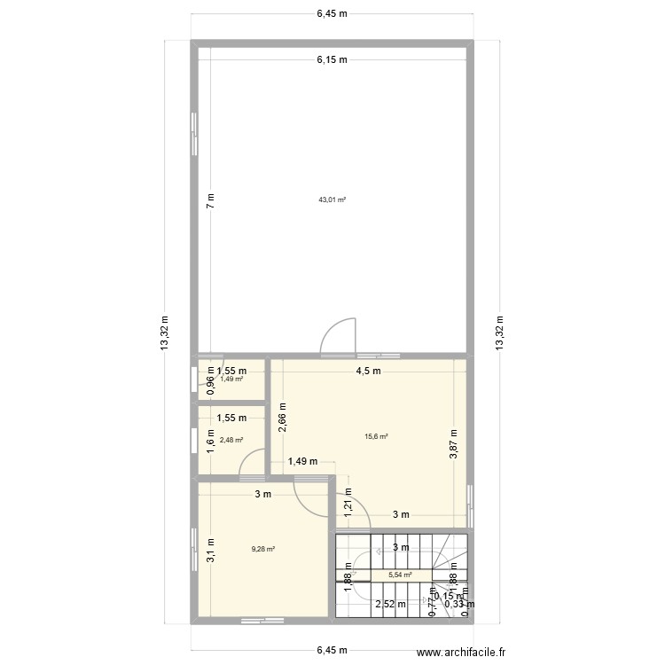 Espace Loft. Plan de 6 pièces et 77 m2