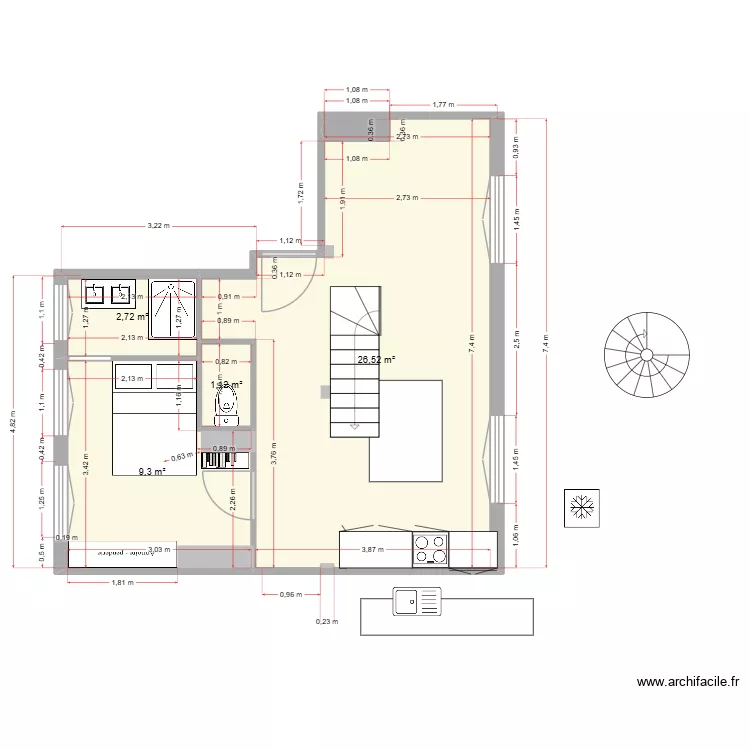 76 St Nicolas - R+4 - Am&eacute;nagement. Plan de 4 pièces et 40 m²