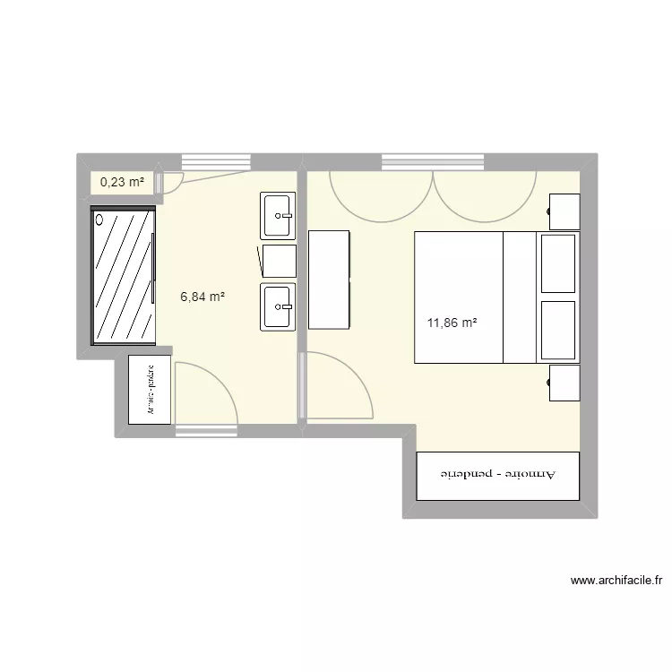Chambre_RDC. Plan de 3 pièces et 19 m²