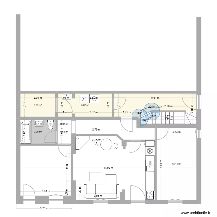 appart rez gauche Ropraz variante 1. Plan de 6  et 39 m²