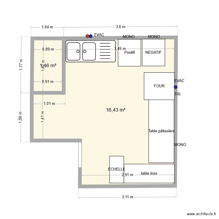 patisserie. Plan de 2 pièces et 18 m2