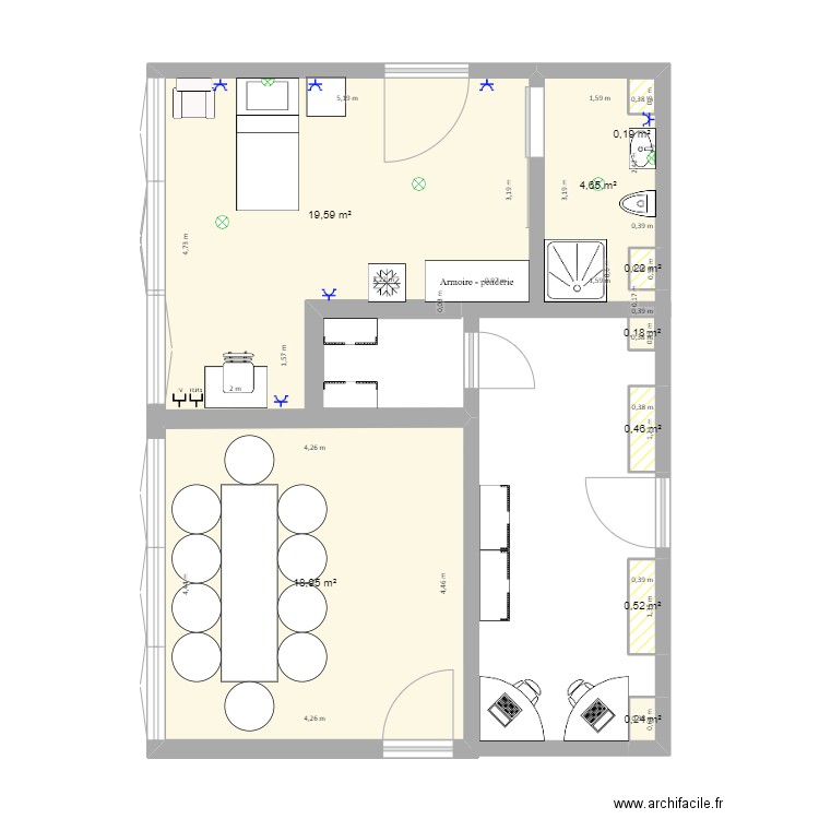 Bloc infirmerie modifié v1. Plan de 9 pièces et 45 m2