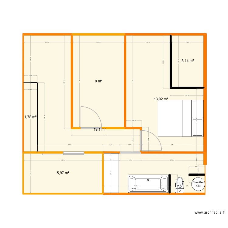 Plan futur rez de chaussée. Plan de 6 pièces et 52 m2
