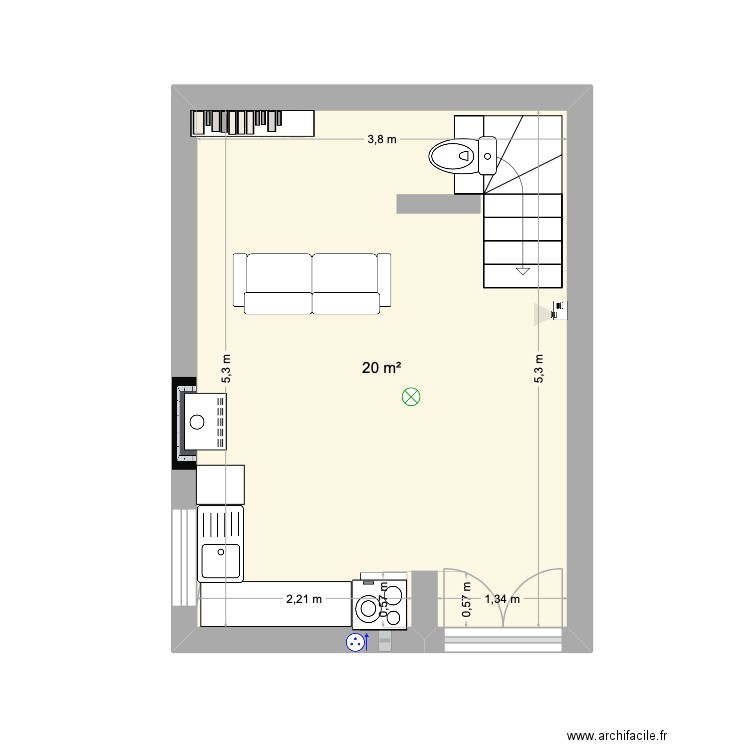studio RDC. Plan de 1 pièce et 20 m2