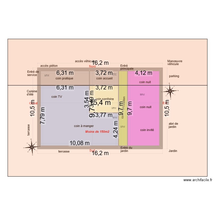 Maison rectangle 05. Plan de 6 pièces et 147 m2