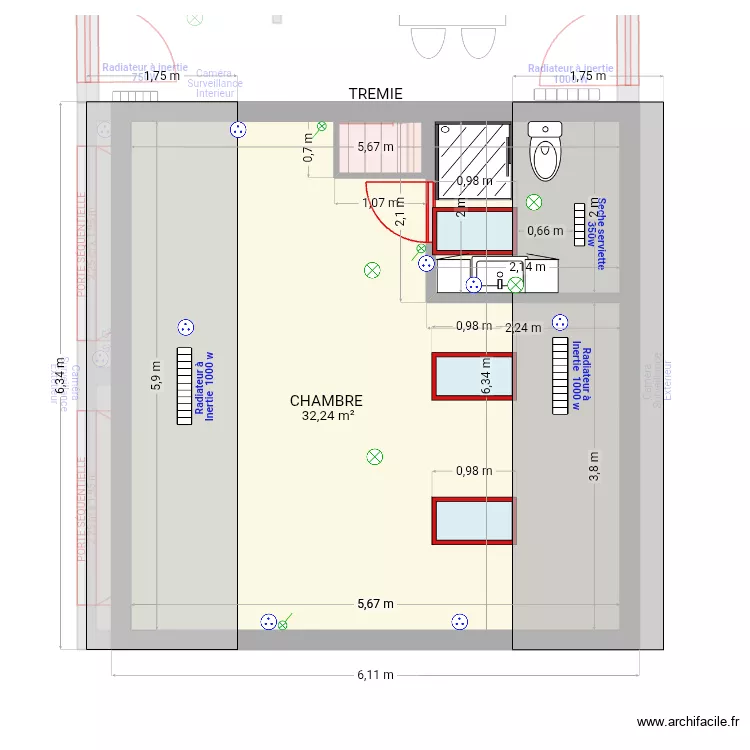 PLAN avec &eacute;lectricit&eacute;. Plan de 6 pièces et 71 m²