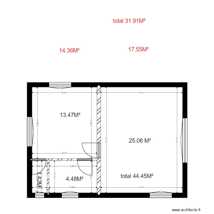 existant hors eau. Plan de 4 pièces et 44 m2