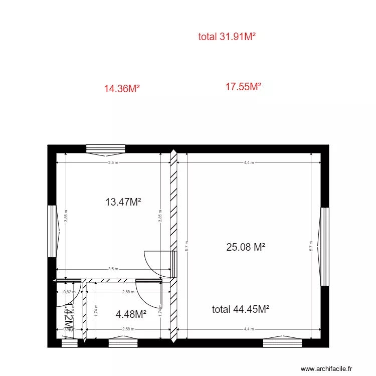 existant hors eau. Plan de 4 pièces et 44 m²