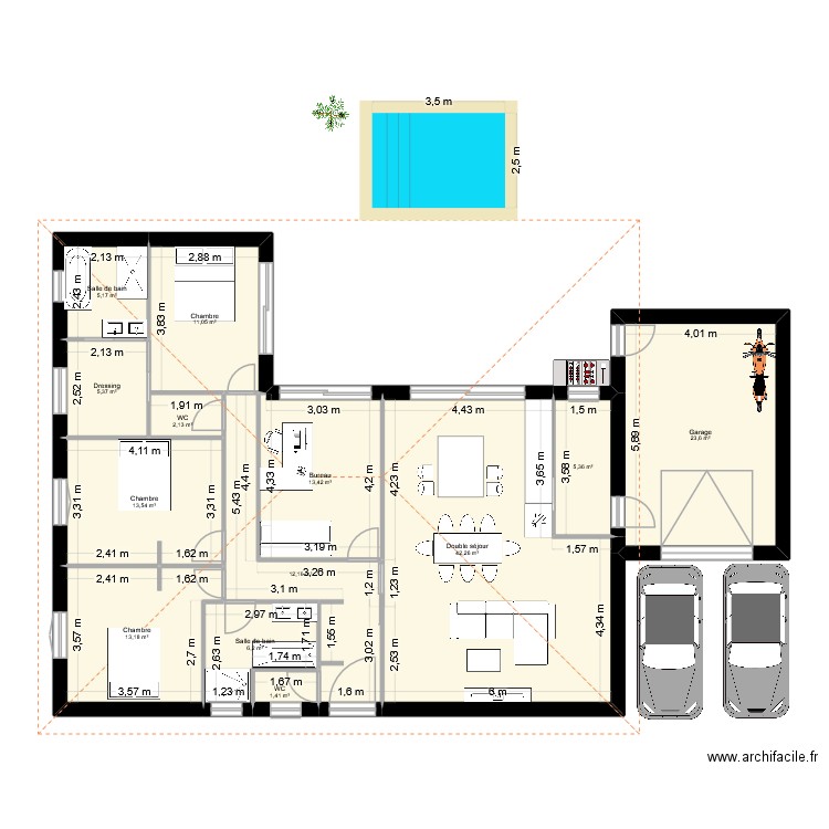 MAISON EN L ESSAI 1. Plan de 13 pièces et 155 m2