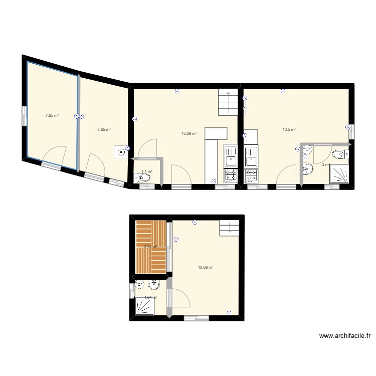 Plan double studio modification - Plan 9 pièces 64 m2 dessiné par Camyl