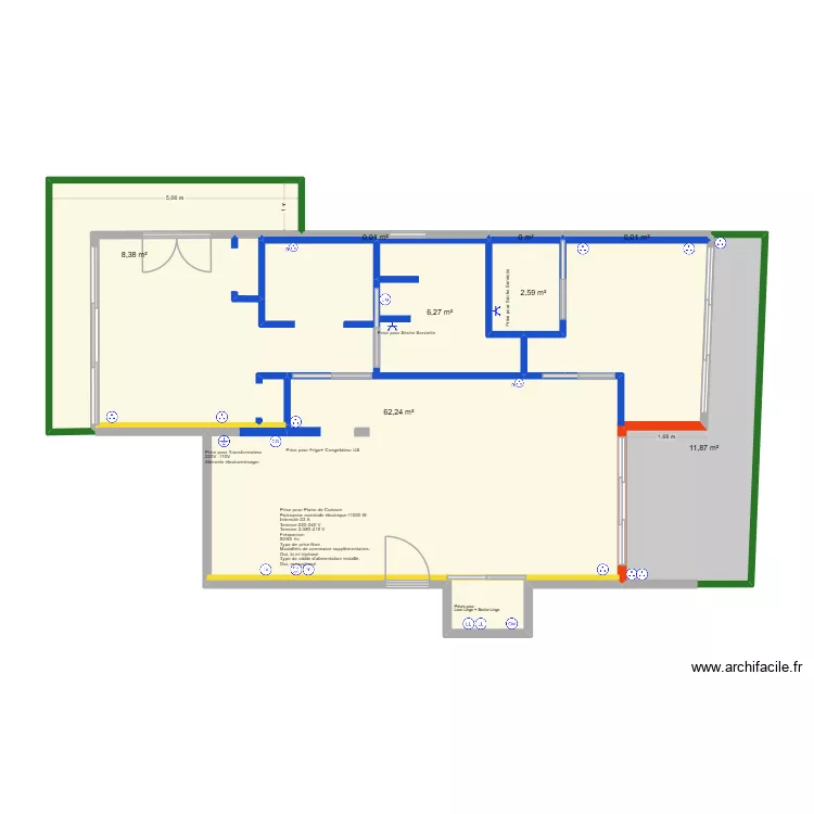 CUISINE 4 CIRODDE - ELECTRICITE 110-115 CM. Plan de 8  et 91 m²