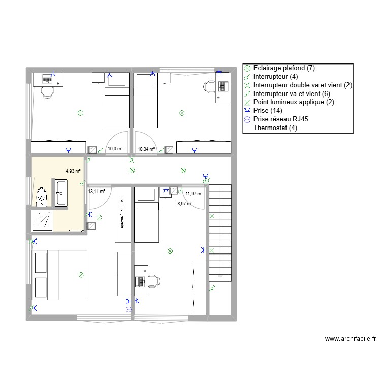 Villa A 1er étage. Plan de 7 pièces et 60 m2