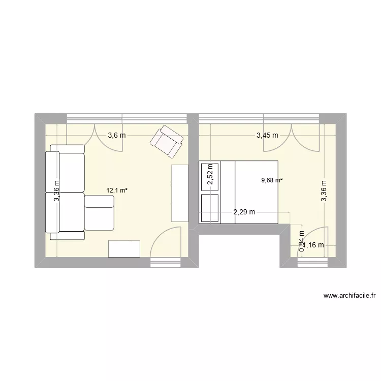 Floirac 50 ter Logement. Plan de 2  et 22 m²