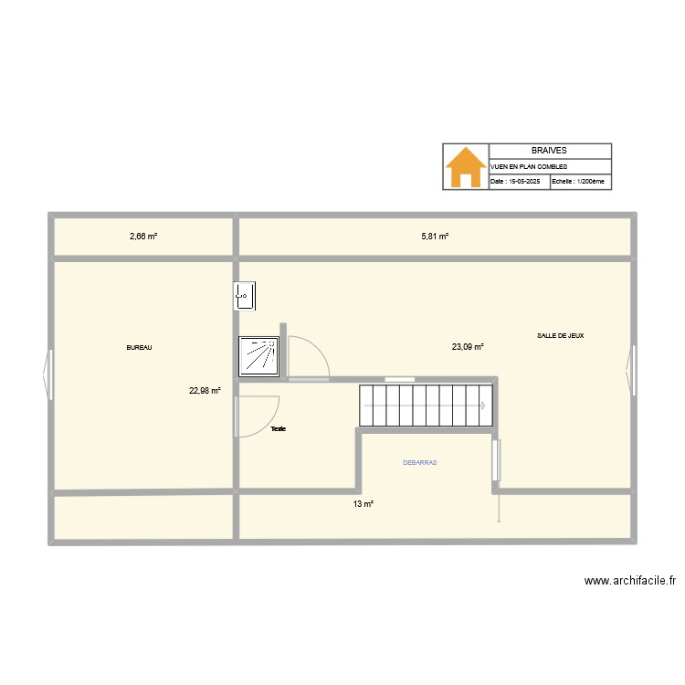 BRAIVES COMBLES. Plan de 5 pièces et 68 m2