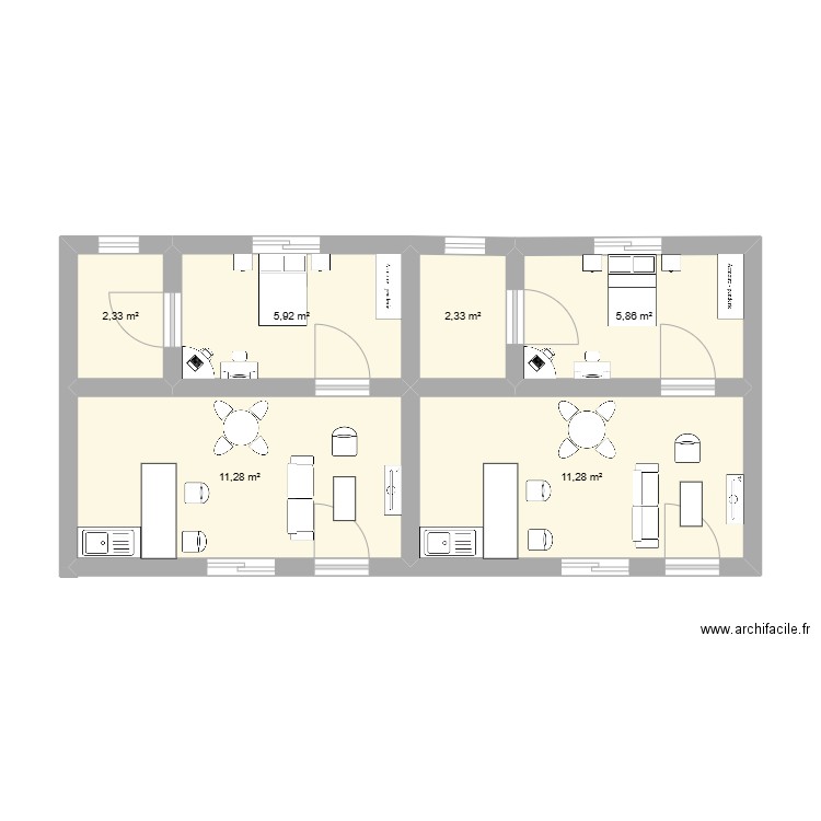 studios jumeaux. Plan de 6 pièces et 39 m2
