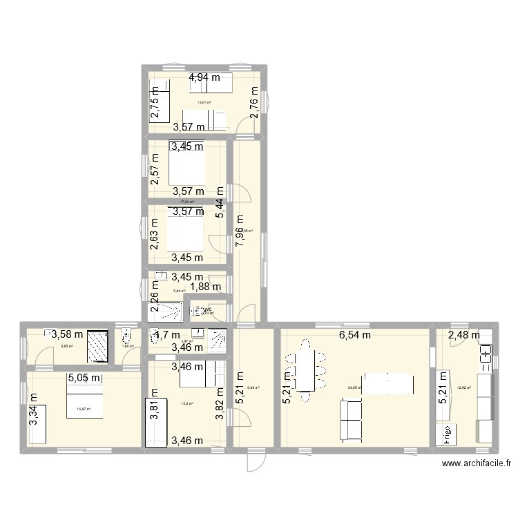 peux. Plan de 13 pièces et 147 m2