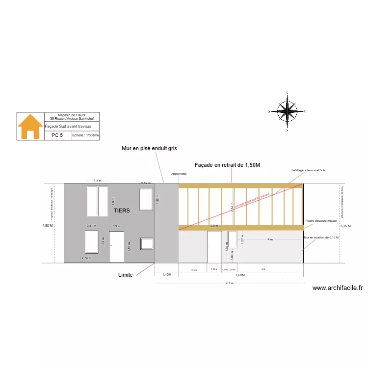 PC 5  Fa&ccedil;ade Sud avant travaux. Plan de 