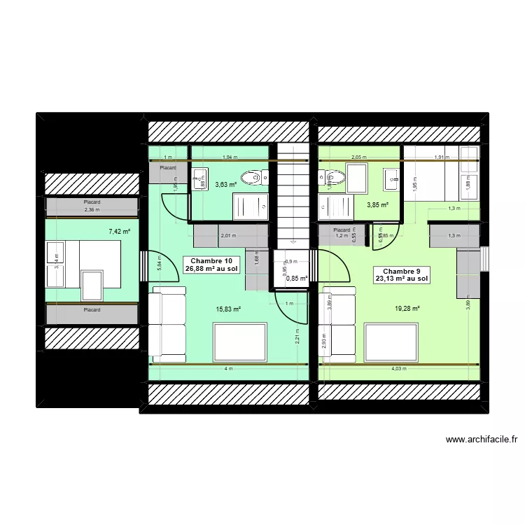 P3.1 PLAN COMBLES NOUVELLES CLOISONS - PROJET ROUSSELET. Plan de 17  et 69 m²