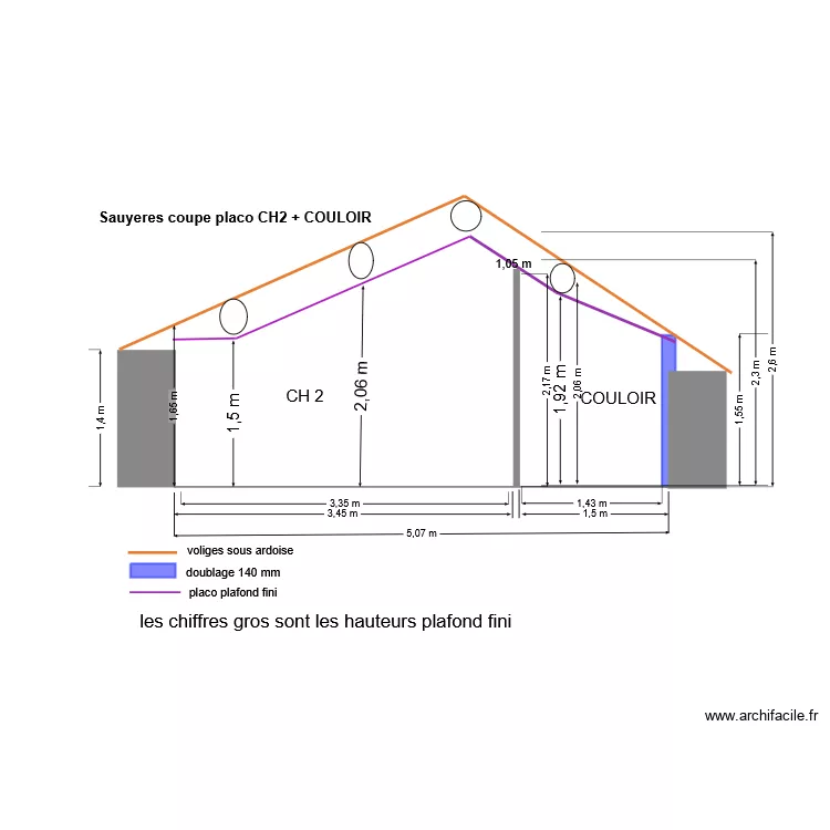 COUPE PLACO CH2 +COULOIR. Plan de 