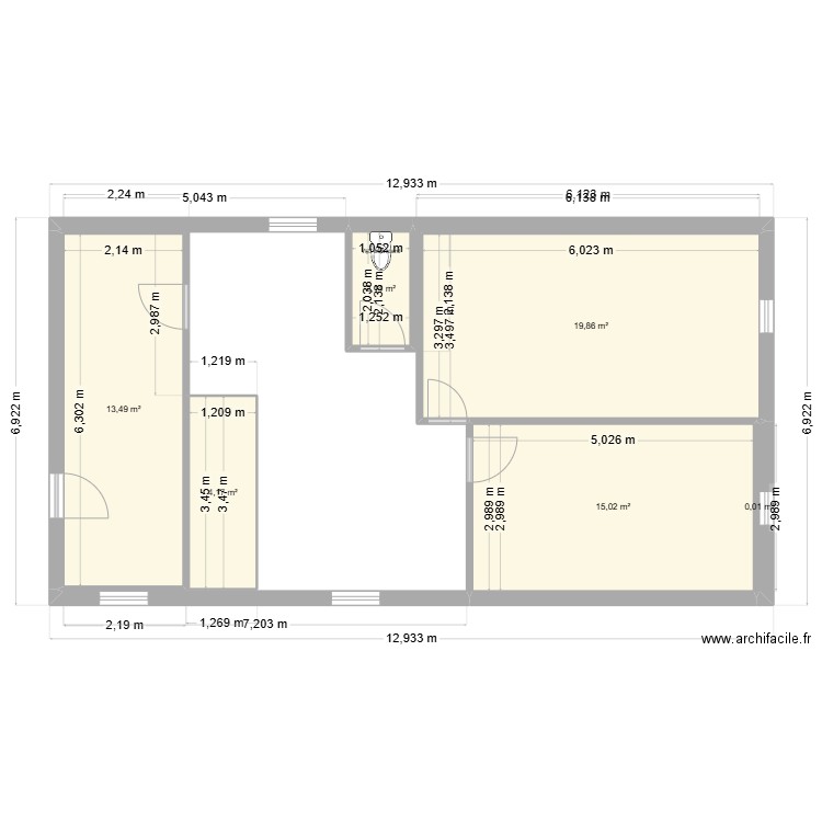 plan inférieur initial. Plan de 6 pièces et 55 m2