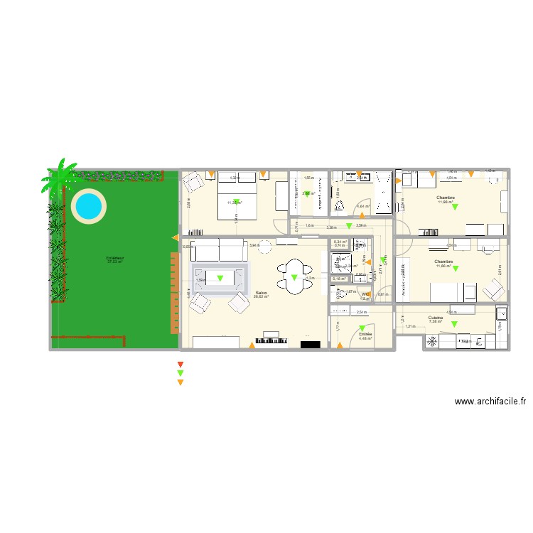 Plan Aguesseau avec cotes mesurées et aménagement + dressing + aménagements TEST SDD V9. Plan de 14 pièces et 128 m2