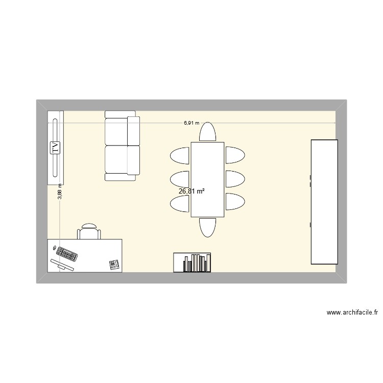 salon salle à manger. Plan de 1 pièce et 27 m2