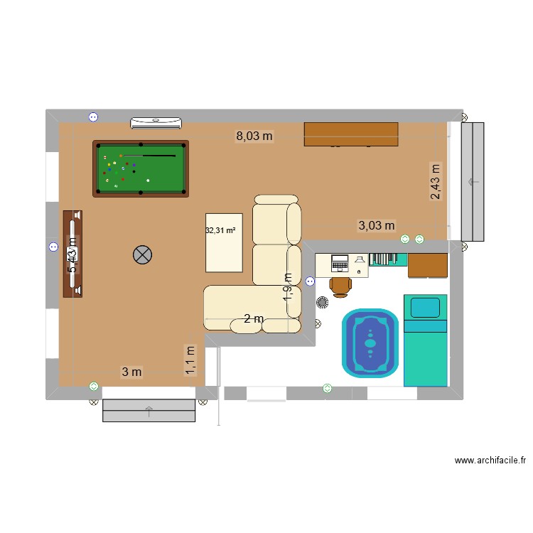 house kwan. Plan de 1 pièce et 32 m2