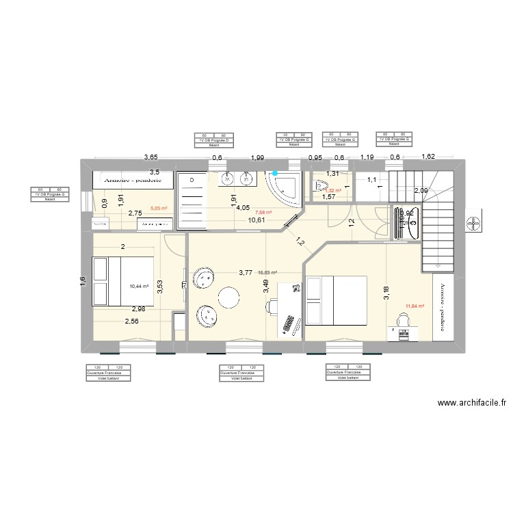 Etage V2a. Plan de 8 pièces et 60 m2