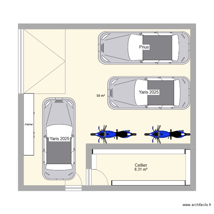Garage longueur. Plan de 2 pièces et 58 m2