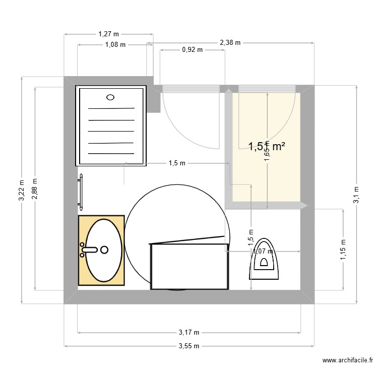 SdB. Plan de 1 pièce et 2 m2