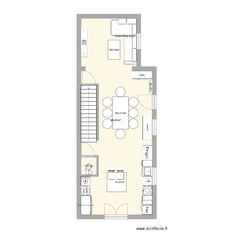 rez de chaussé maison. Plan de 2 pièces et 50 m2