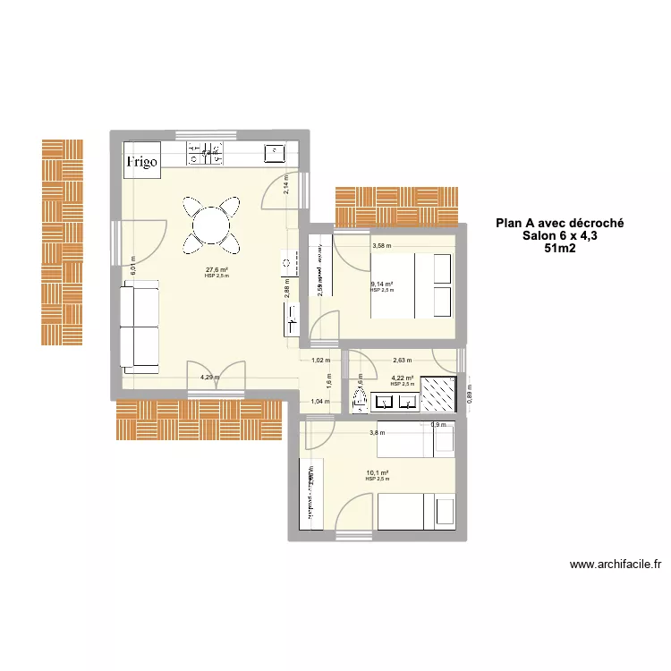 Pallier plan A. Plan de 4 pièces et 51 m² Pallier plan A. Plan de 4 pièces et 51 m²
