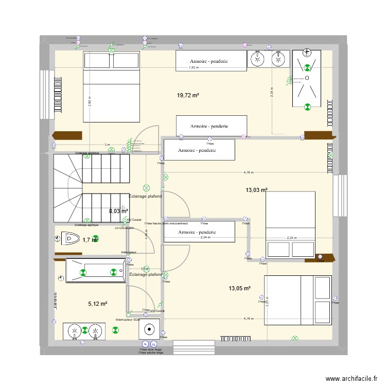 R+1 V2 m. Plan de 6 pièces et 61 m2