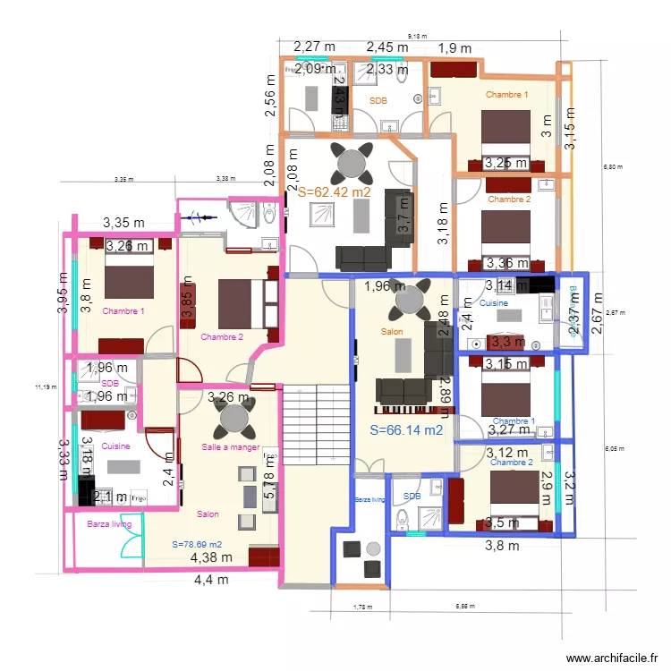 reamenagement appartements. Plan de 8  et 115 m²