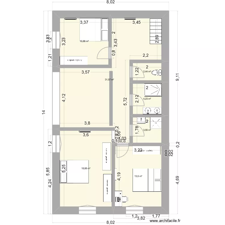 V2 RDC. Plan de 7  et 85 m²