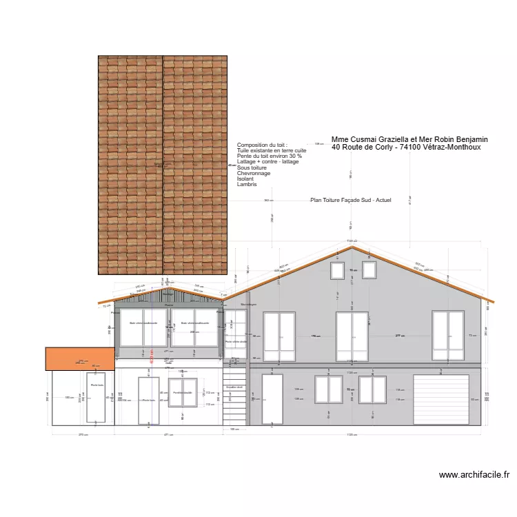 Plan Toiture Façade Sud - Actuel. Plan de Plan Toiture Façade Sud - Actuel. Plan de