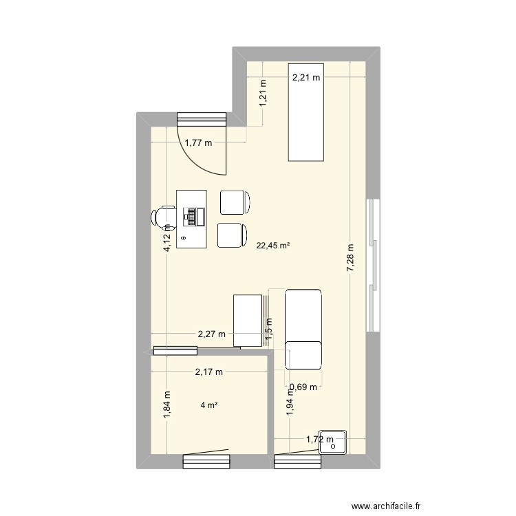 Vierge cabinet v2. Plan de 2 pièces et 26 m2