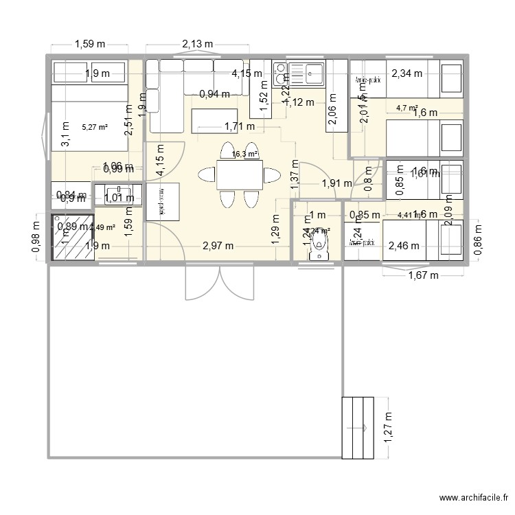 Mobile home de base sans changement 2025. Plan de 6 pièces et 34 m2