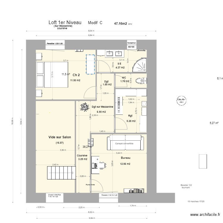 Loft 1 Niveau,Mezzanine +coursive Modif Conduit Fumée . Plan de 4 pièces et 59 m2