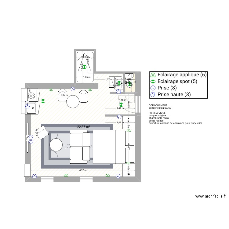 duras2. Plan de 2 pièces et 23 m2