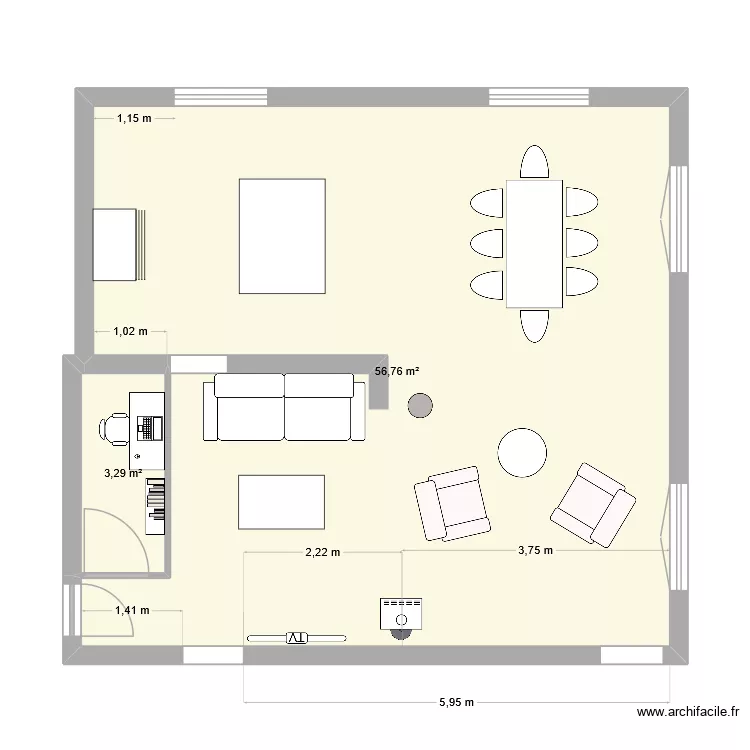 salon-cuisine-v2. Plan de 2  et 60 m²
