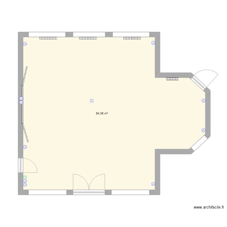 classe CPC après travaux vide. Plan de 1 pièce et 64 m2
