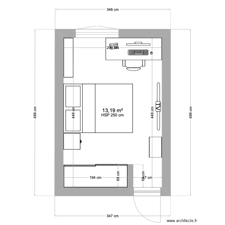 CHAMBRE MILHAN. Plan de 1 pièce et 13 m2