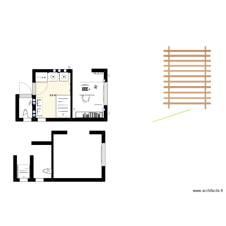 Salle de bain haut. Plan de 1 pièce et 7 m2