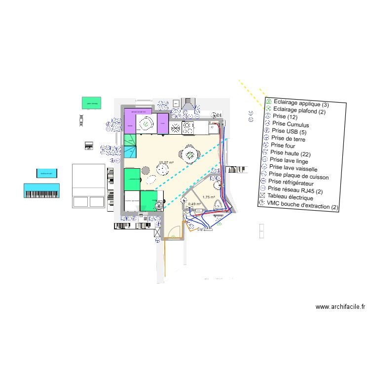 ELEC et PLOMBERIE. Plan de 10 pièces et 42 m2