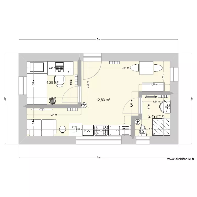 Garage en studio. Plan de 3  et 20 m²