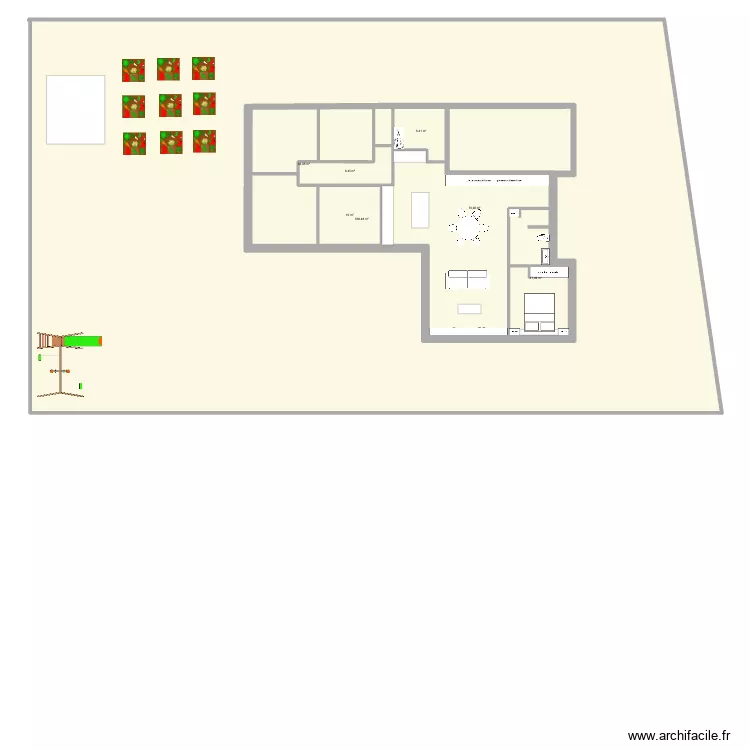 Maison plain-pied en L 136 m2 V1. Plan de 7  et 848 m²