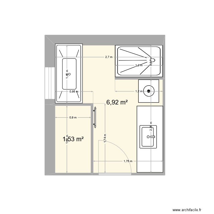 SdB. Plan de 2 pièces et 8 m2