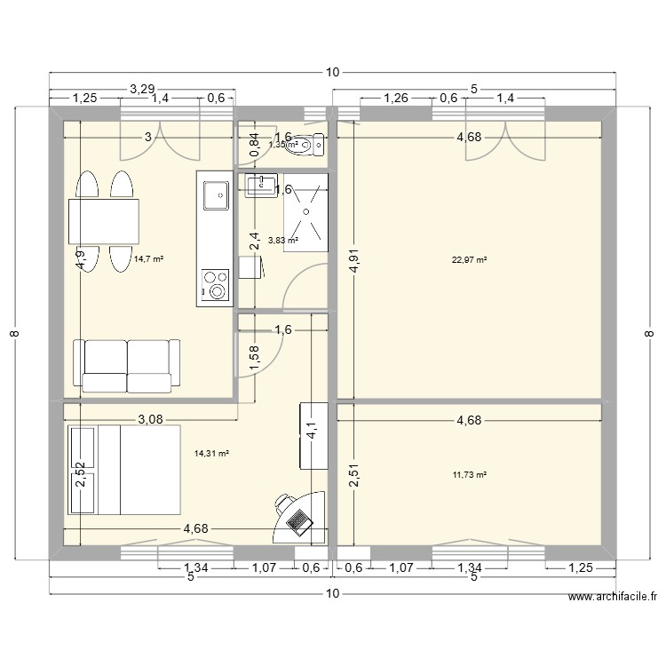 1er Etage. Plan de 6 pièces et 69 m2