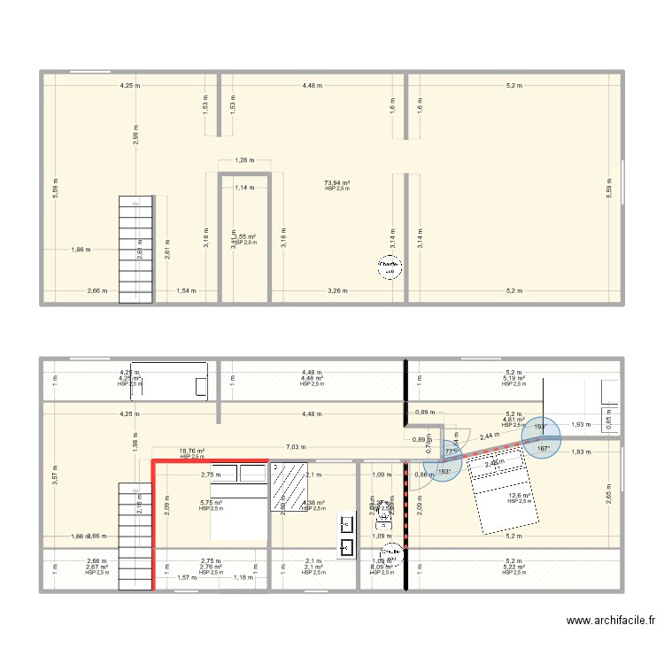 étage DSB. Plan de 16 pièces et 154 m2